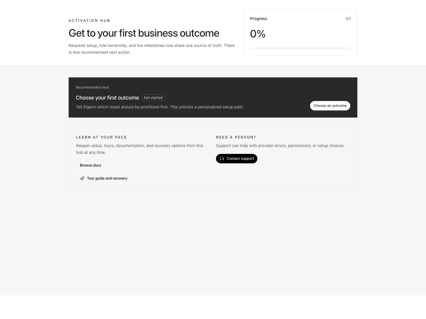 Activation hub recommending the first business outcome and linking to documentation and support.