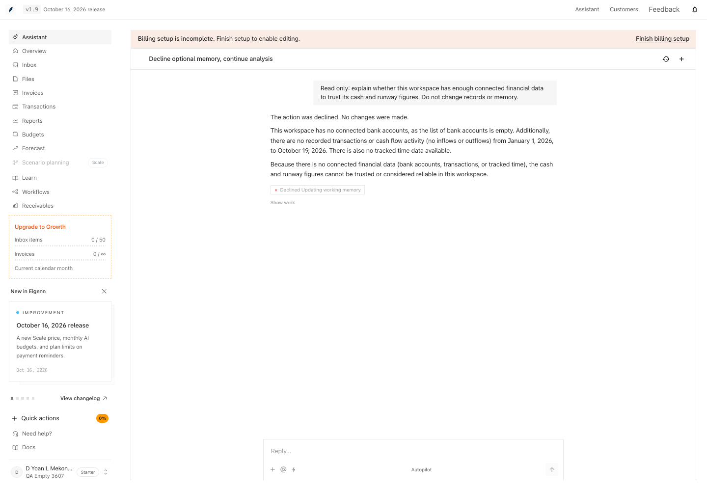 Assistant continues a cash-data assessment after an optional memory action is declined.