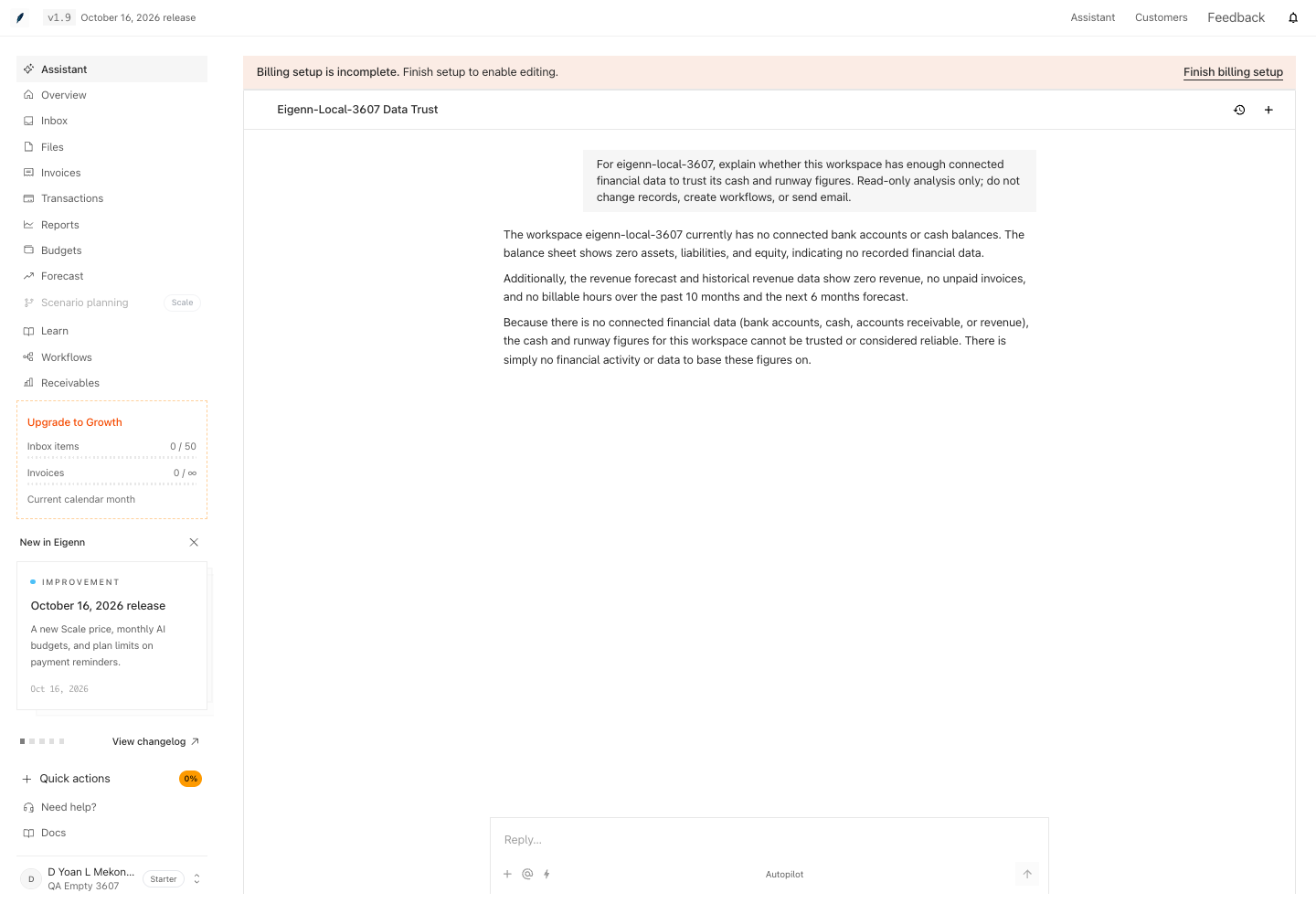 Assistant explains that cash and runway figures are unreliable in an empty workspace with incomplete billing setup.