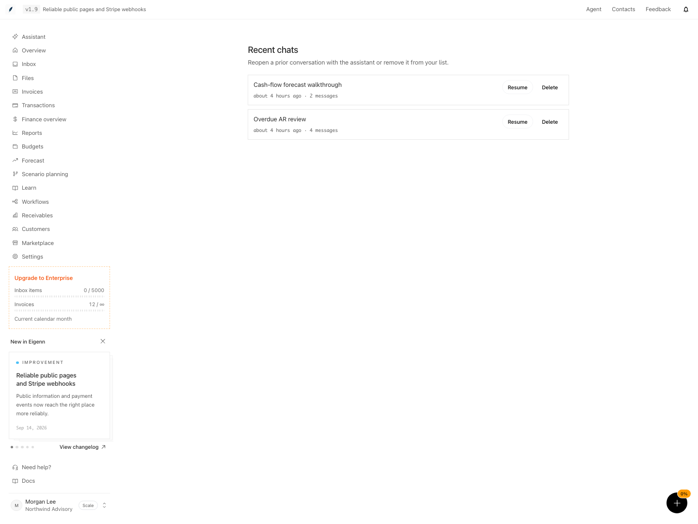 Recent assistant chats with actions to resume or delete a conversation.