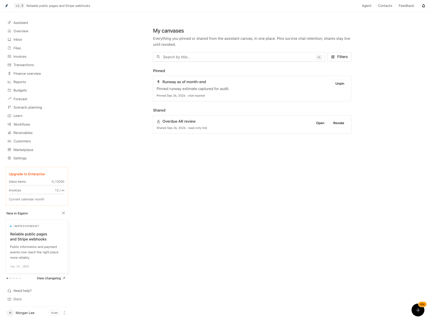 Saved assistant canvases with pinned results and shared read-only links.