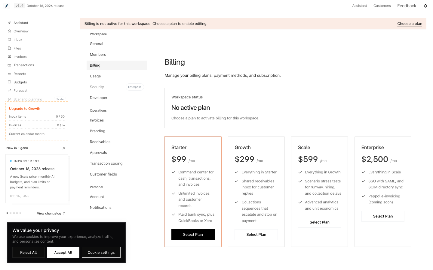 Billing showing No active plan, the read-only banner, and Select Plan controls.