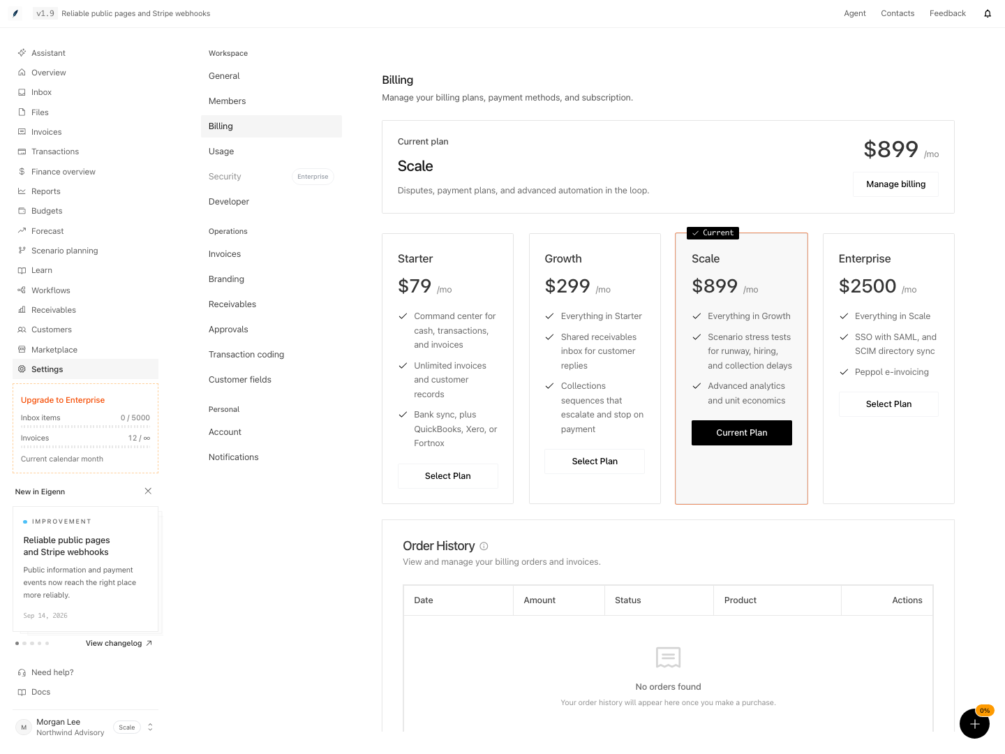 Billing settings showing the current workspace plan.