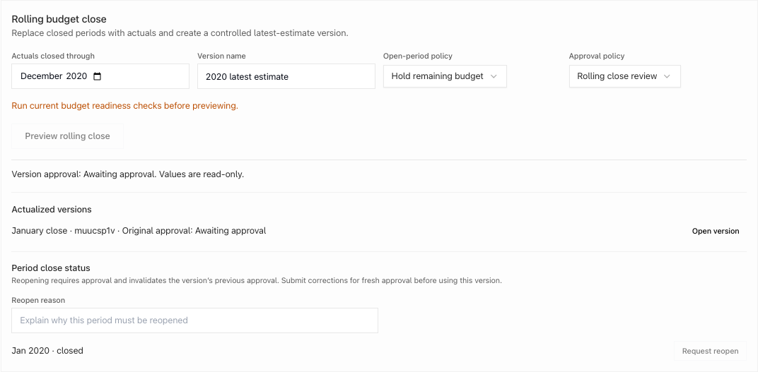 New budget version awaiting approval with January closed