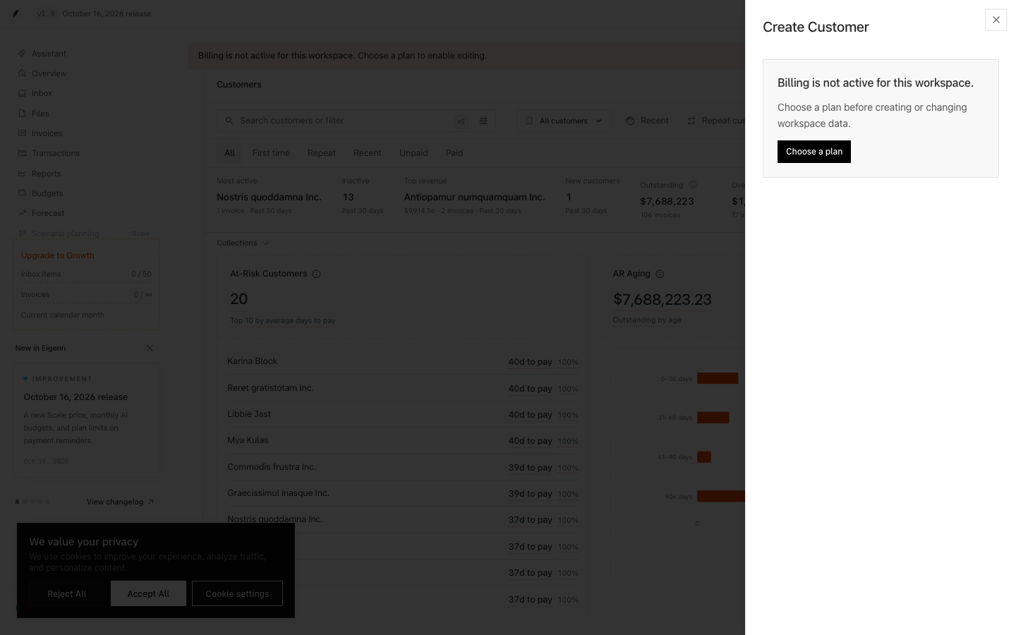 Create Customer sheet showing the billing restriction and Choose a plan button.