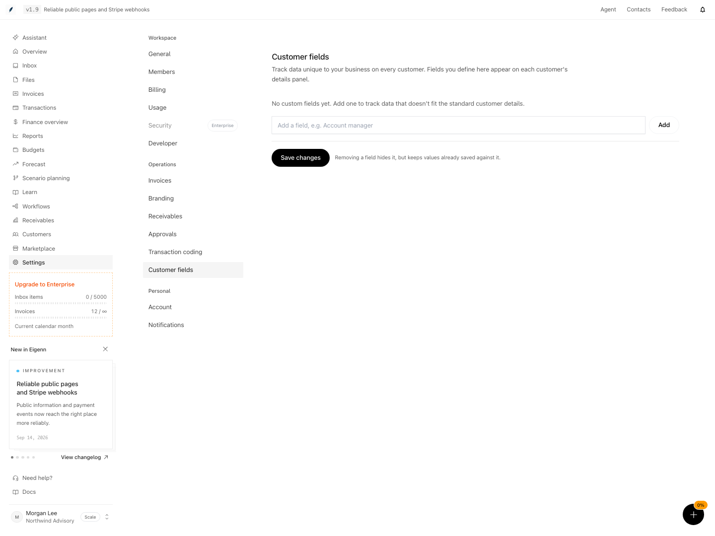Customer field settings before adding the first workspace field.