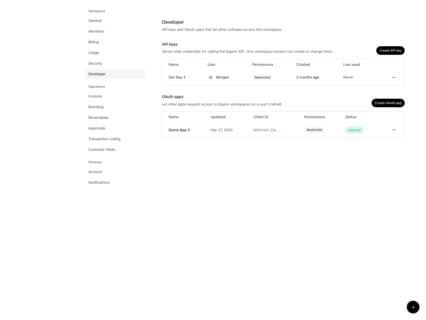 Developer settings with controls for creating API keys and managing integrations.