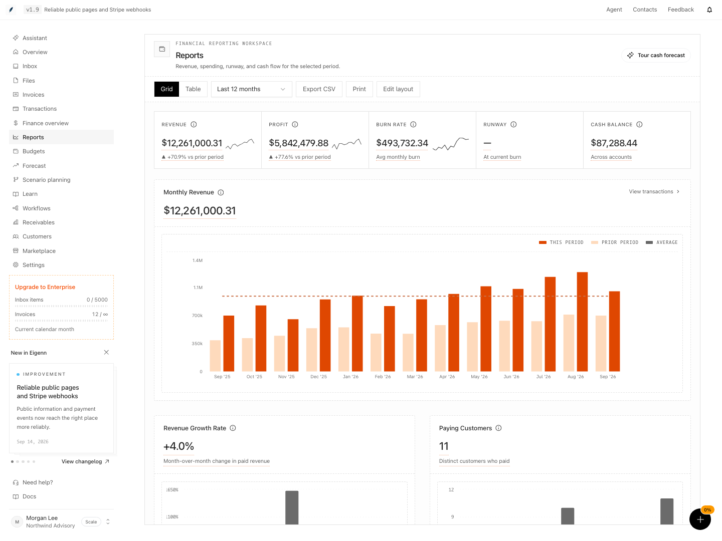 Reports workspace with financial metrics and the monthly revenue chart.