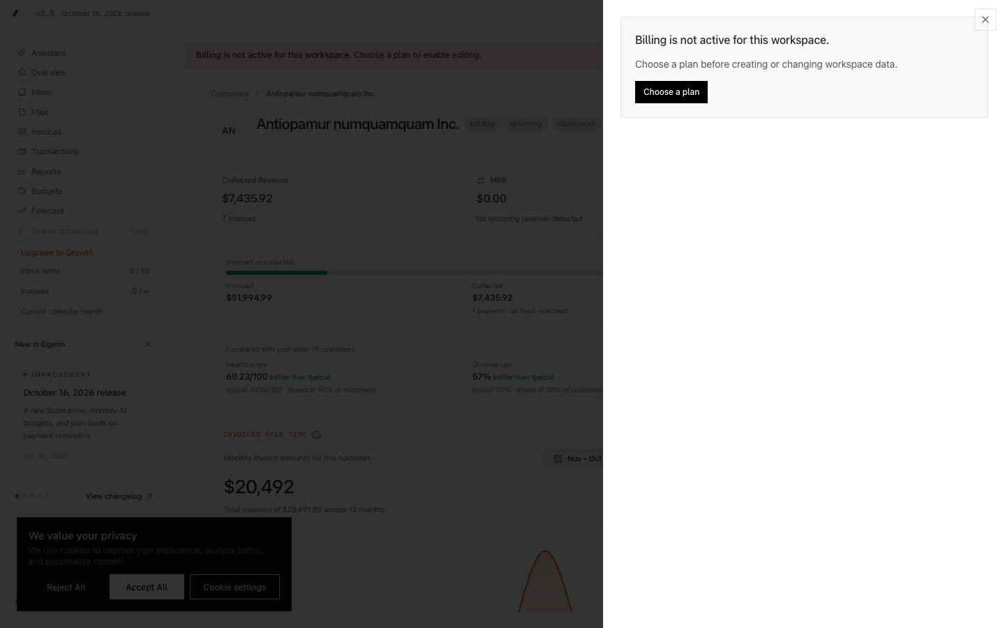 Invoice sheet opened from customer detail showing the billing restriction instead of an editor.