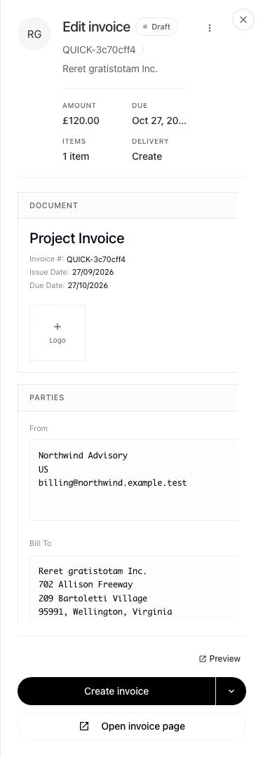 Reopened quick-create draft on a mobile screen, with its amount, customer, Preview link, and delivery action preserved