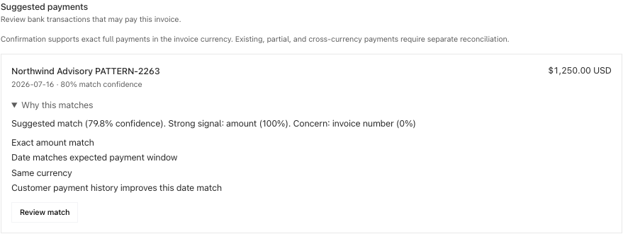Suggested full payment showing confidence and the customer payment history explanation.