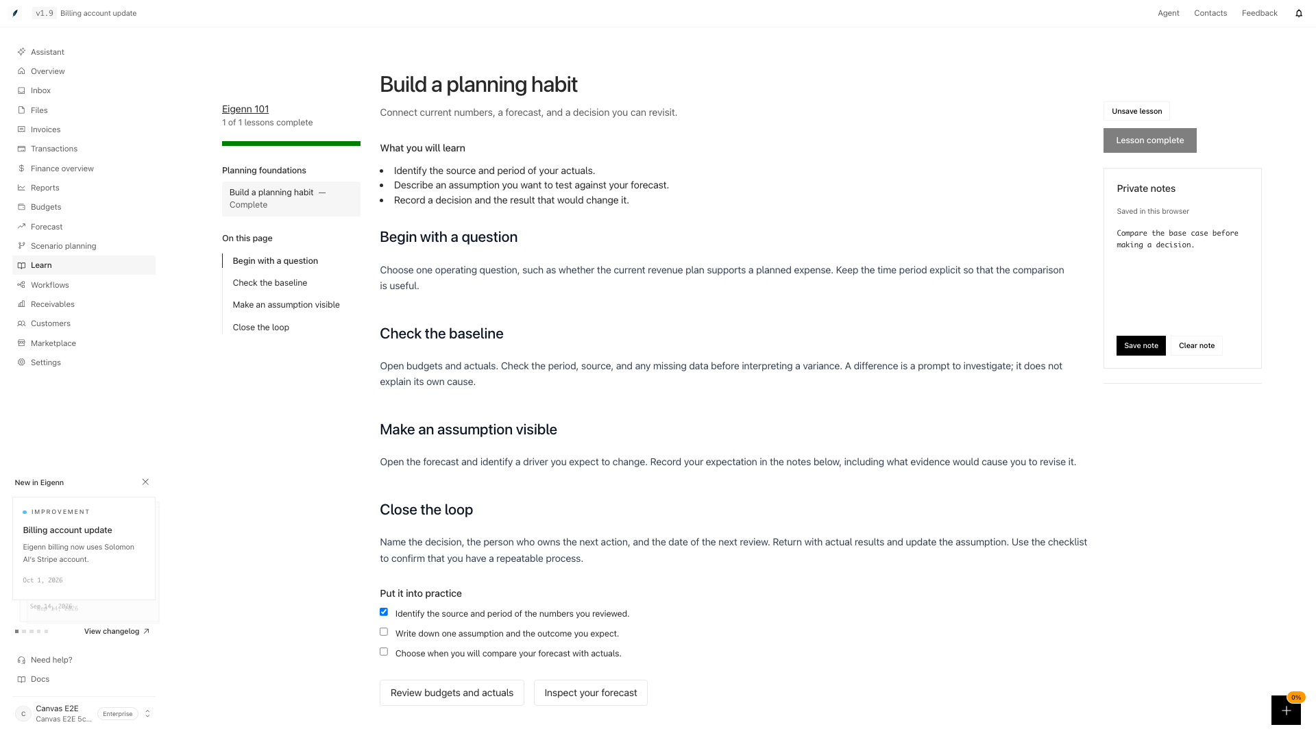 Learn lesson filling the workspace beside the app sidebar, with course contents and private notes visible.
