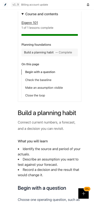 Course and contents expanded above the lesson on a mobile screen.