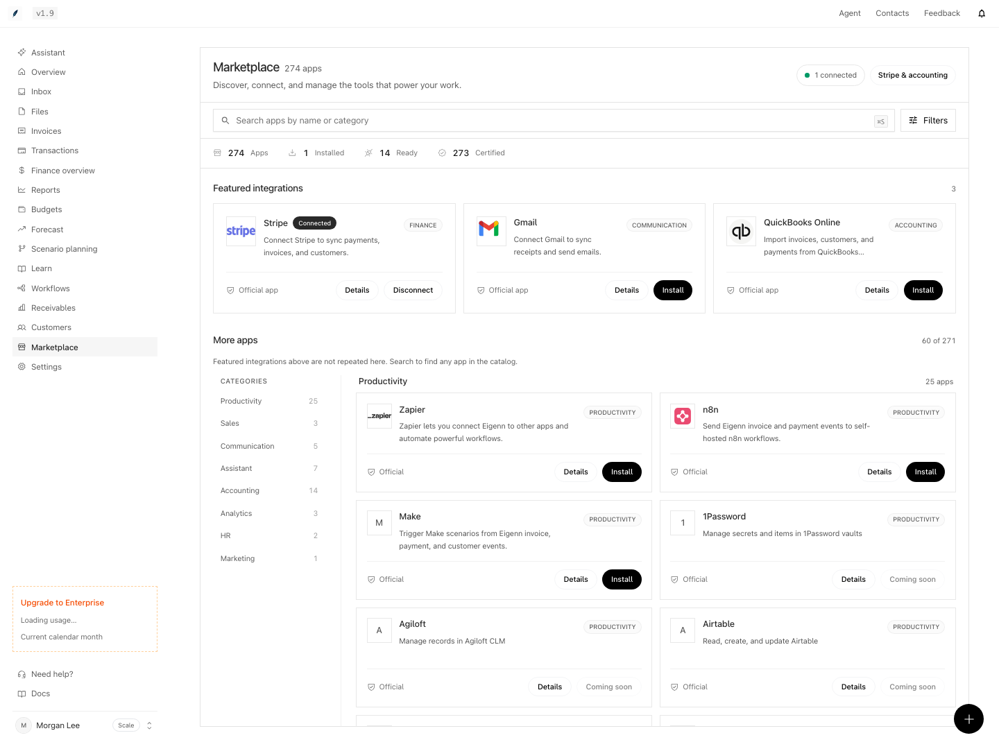 Marketplace showing supported integrations and connection entry points.
