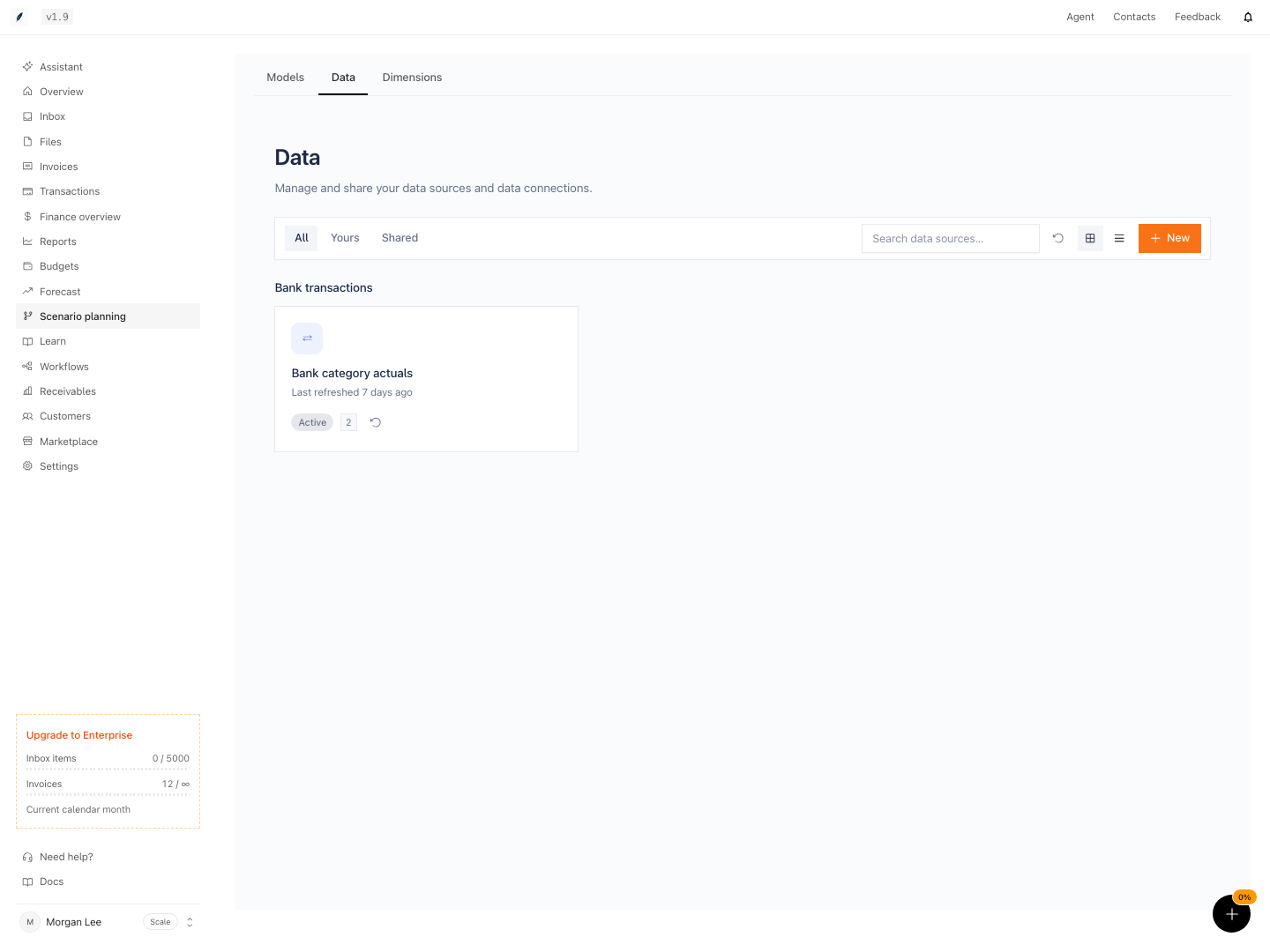 Planning data catalog with bank category actuals available for linking.