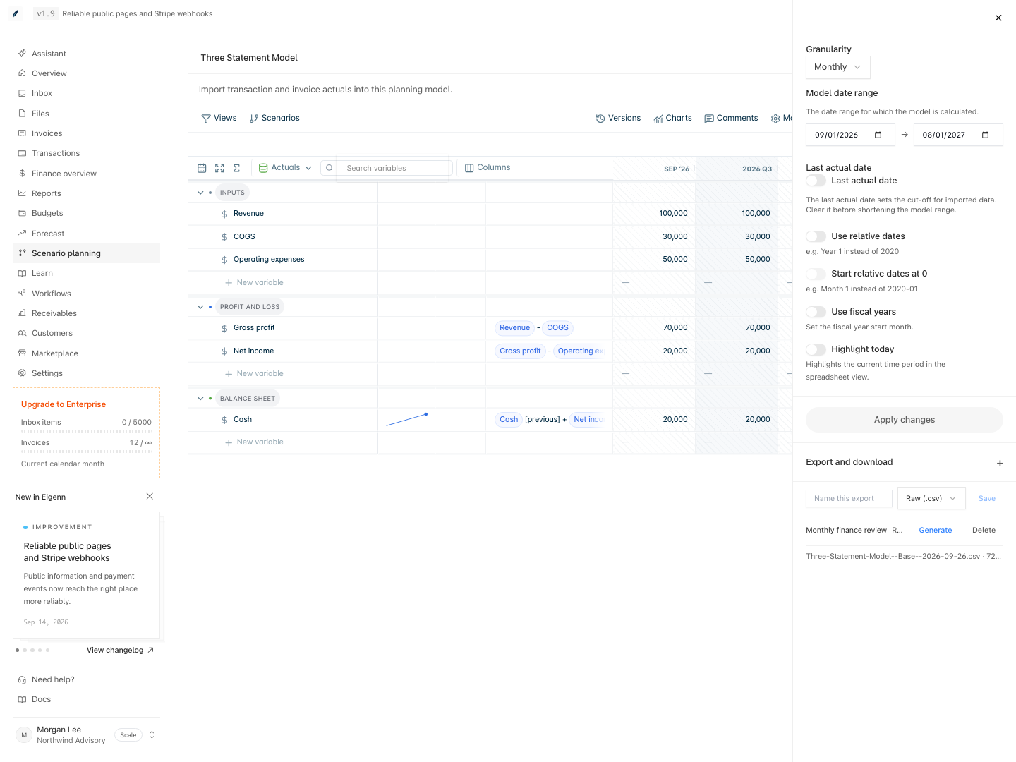 Model settings with a saved CSV export definition and its successful generation history.
