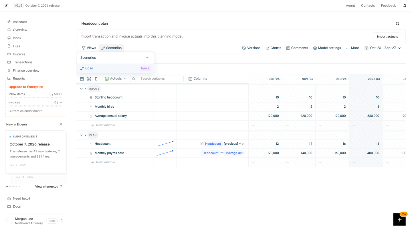 A Headcount plan model with the Scenarios menu open. The menu shows the + button and the Base scenario marked Default. The grid shows Headcount 12, 14, and 16 and Monthly payroll cost 120,000, 140,000, and 160,000 from Oct '26.