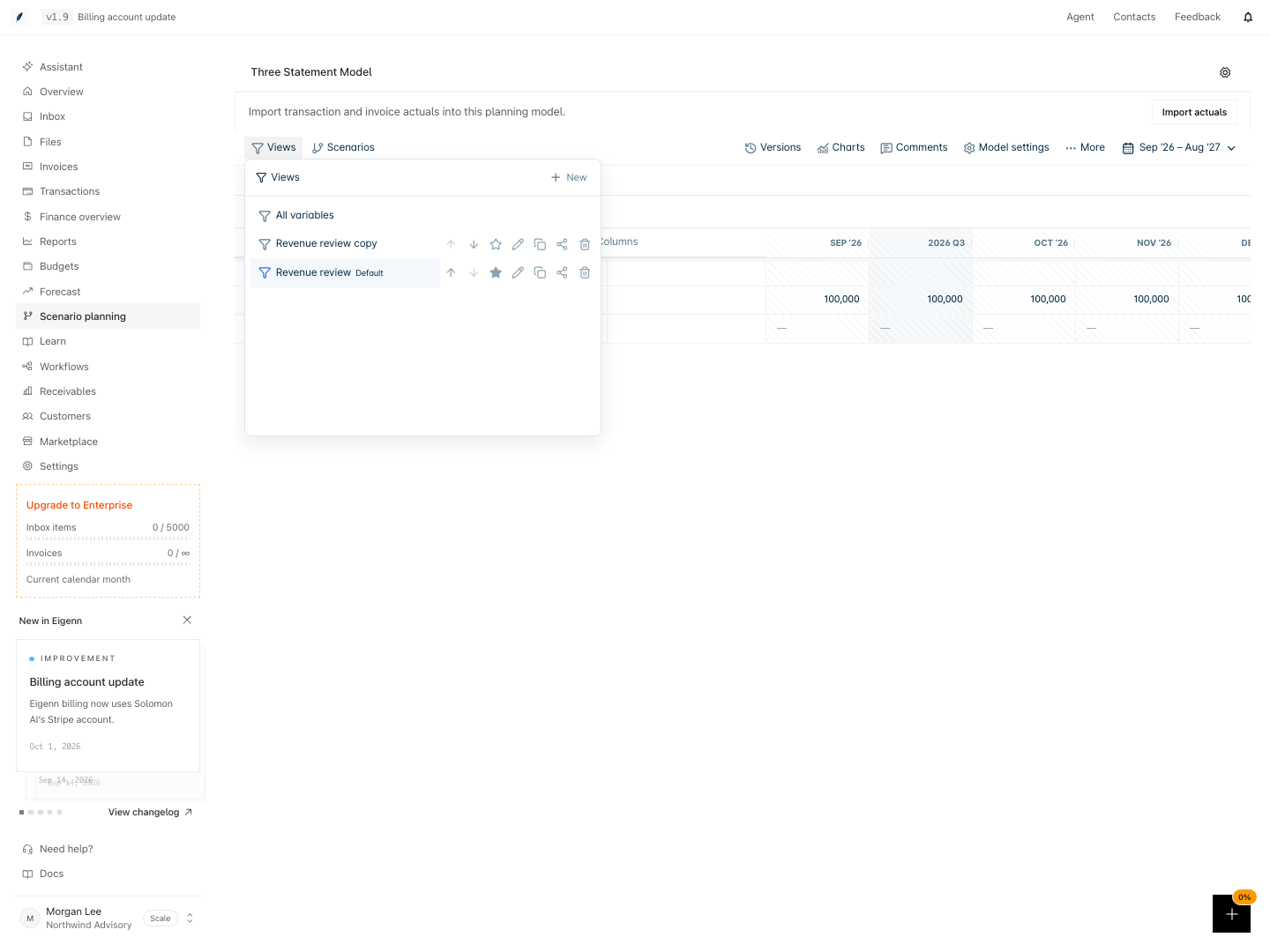 Views menu with Revenue review marked as default, an independent copy, and management controls.