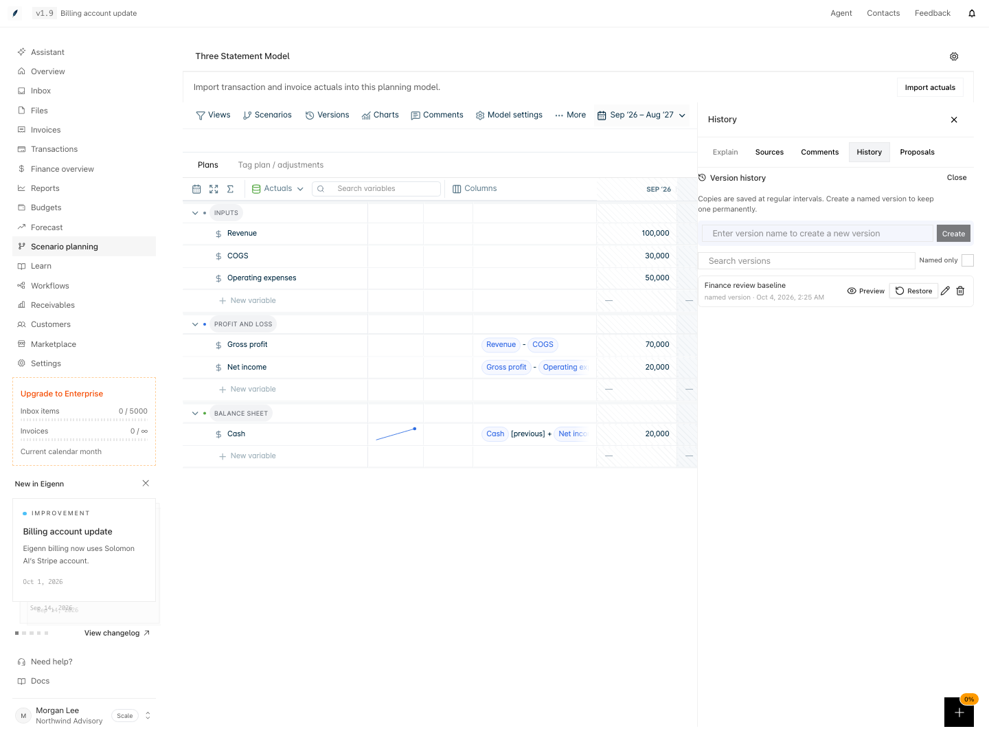 Version history showing a saved Finance review baseline and its preview and restore actions.