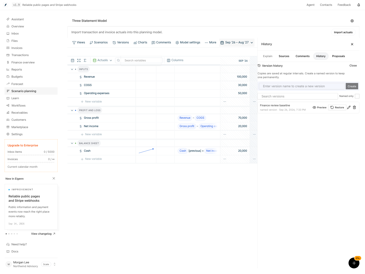 Named finance review version with preview and restore controls in Eigenn.