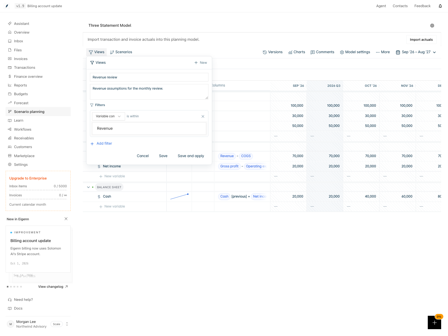 Saved-view editor with a name, description, and a filter for variables containing Revenue.