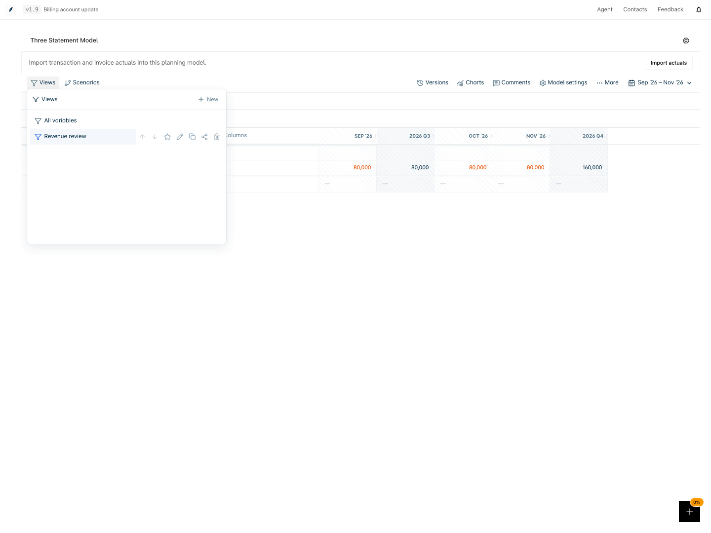 Revenue review showing the filtered planning grid.