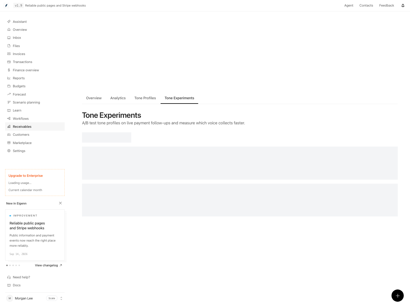 Receivables experiment workspace and experiment controls.
