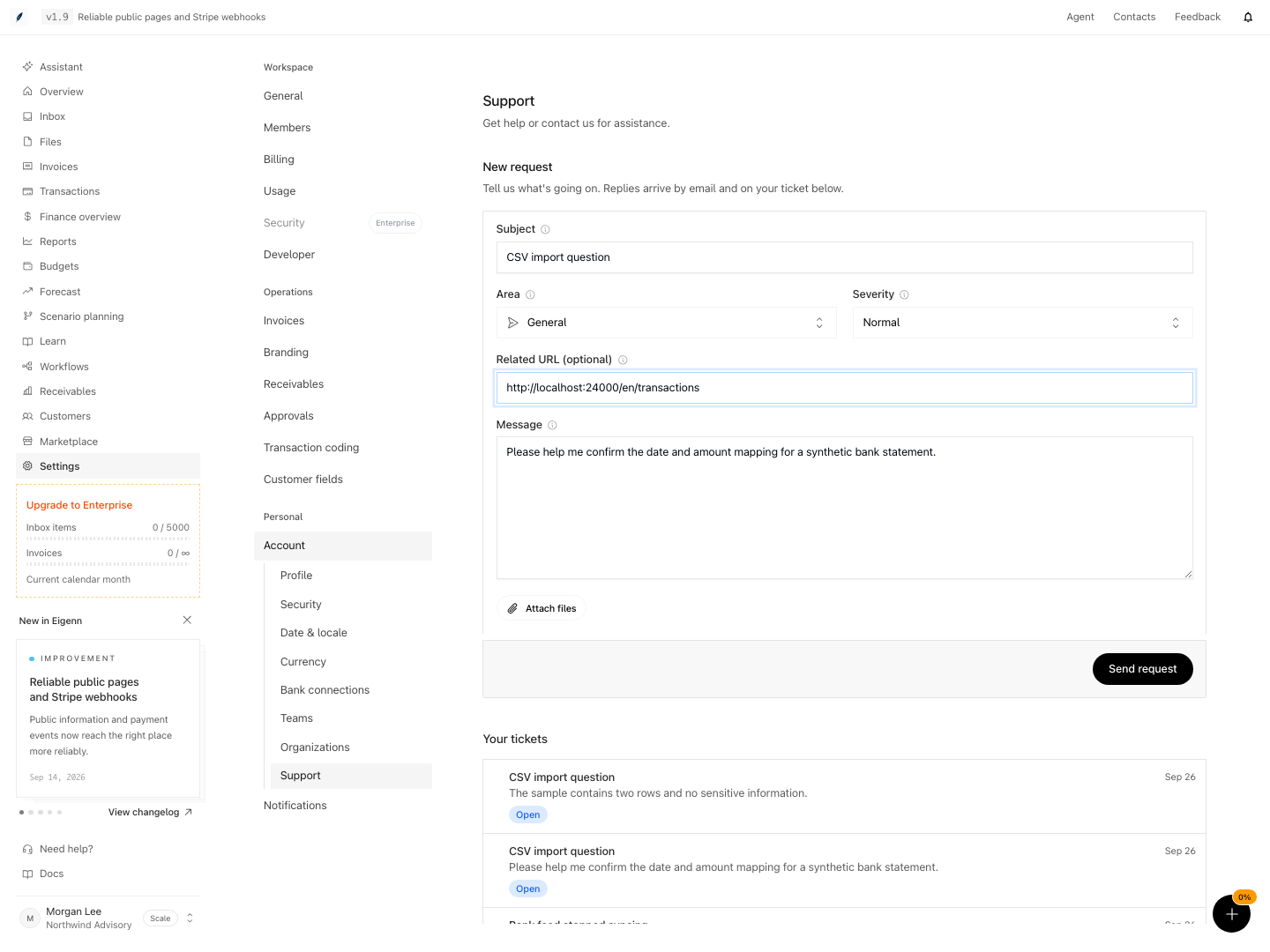 Support form with a subject, related transaction URL, and message ready to send.