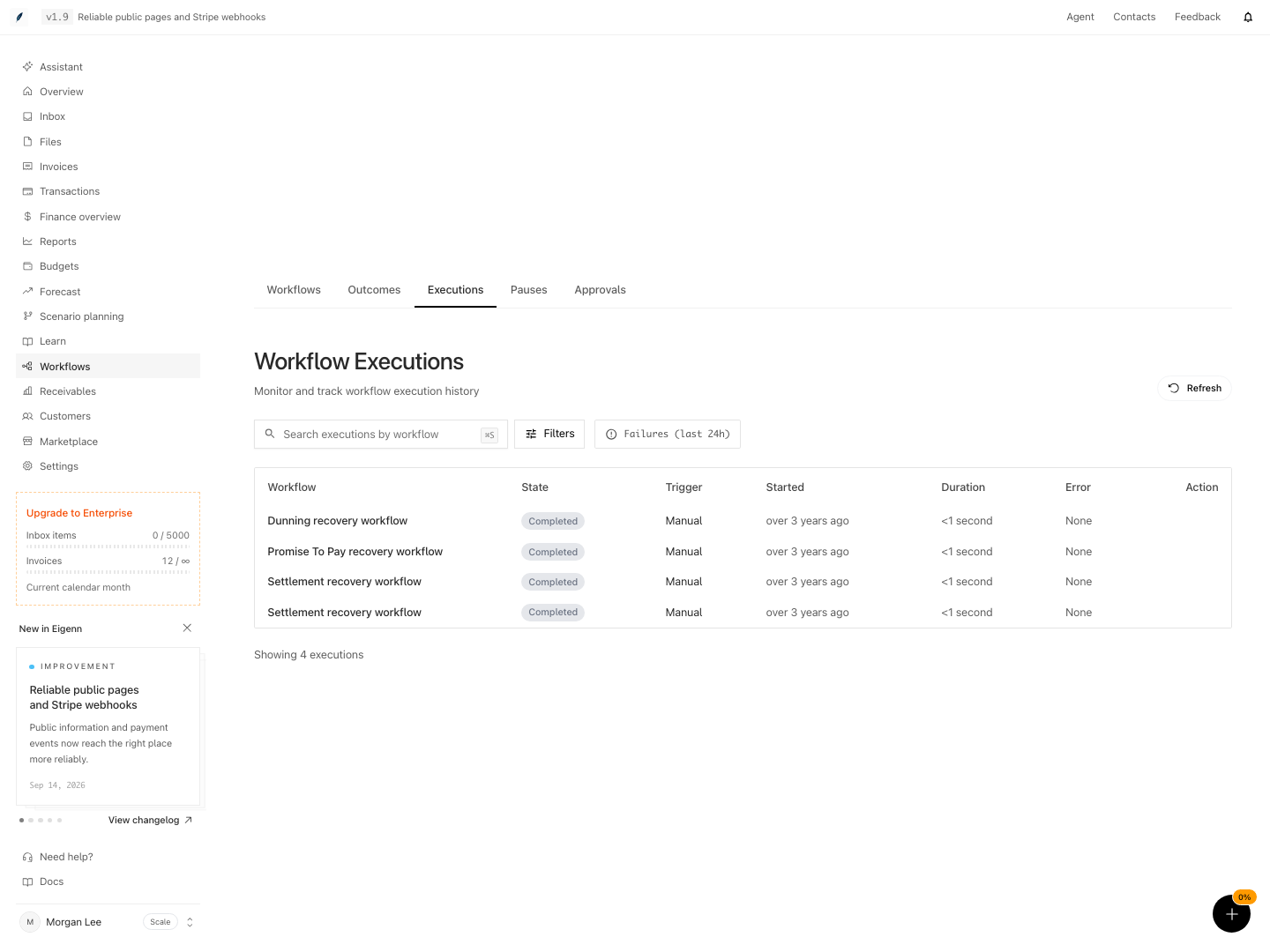 Workflow execution history with completion states and error details.