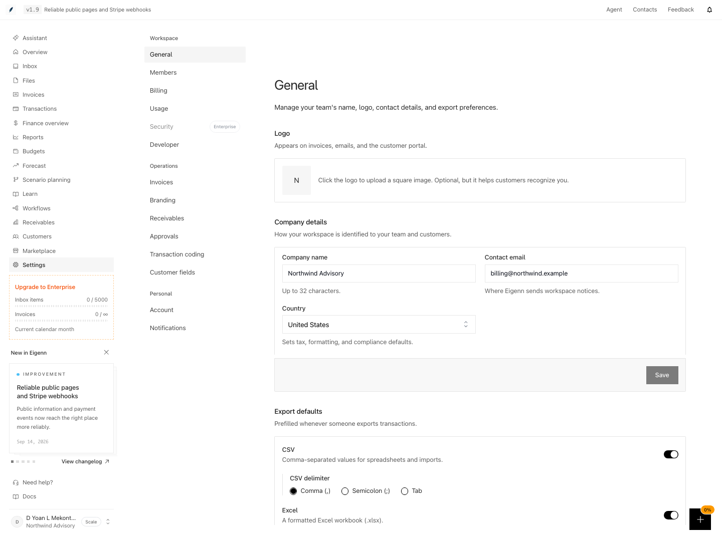 Workspace settings for company details, contact email, and export defaults.