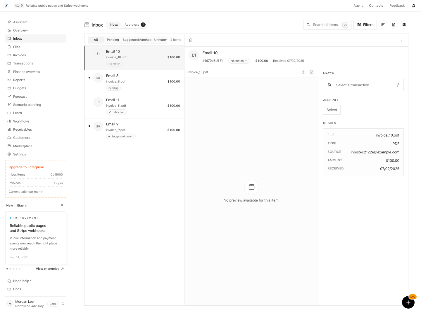 Workspace inbox showing a seeded invoice item and its matching state.